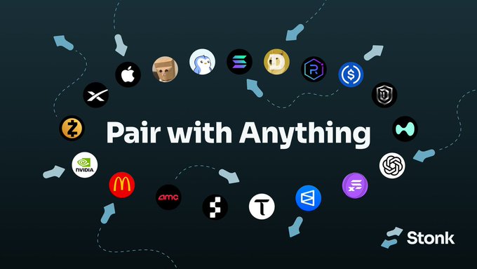 The image displays the text "Pair with Anything" surrounded by various brand logos including Apple, Nvidia, McDonald's, AMC, Sony, ChatGPT, and several cryptocurrencies like Solana and Dogecoin, alongside the "Stonk" logo in the corner. This visually reinforces the "Bet on Stonk" message by showcasing Stonk's versatility and broad compatibility with popular brands, platforms, and digital assets.