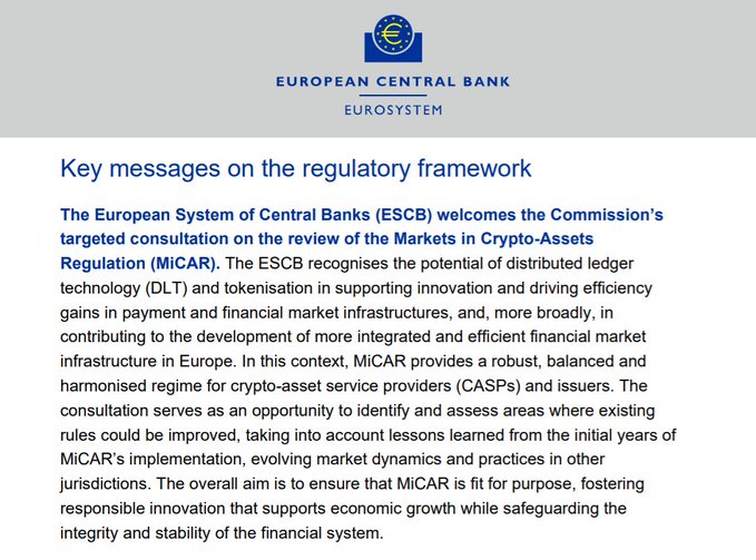 Screenshot of a European Central Bank webpage titled 'Key messages on the regulatory framework' welcoming the Commission's targeted consultation on the review of the Markets in Crypto-Assets Regulation (MiCAR).