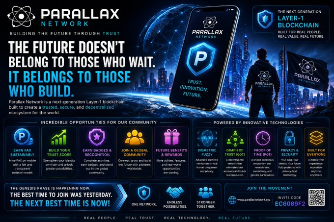 Promotional banner for 'PARALLAX NETWORK' advertising it as 'THE NEXT GENERATION LAYER-1 BLOCKCHAIN' with the tagline 'BUILDING THE FUTURE THROUGH TRUST', featuring a smartphone displaying the P logo and various features like PAX token, biometric security, and proof of time.