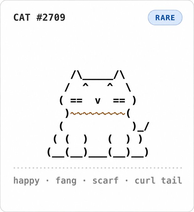 A digital collectible card labeled "CAT #2709" with a "RARE" tag, featuring an ASCII cat illustration with traits listed as "happy · fang · scarf · curl tail".