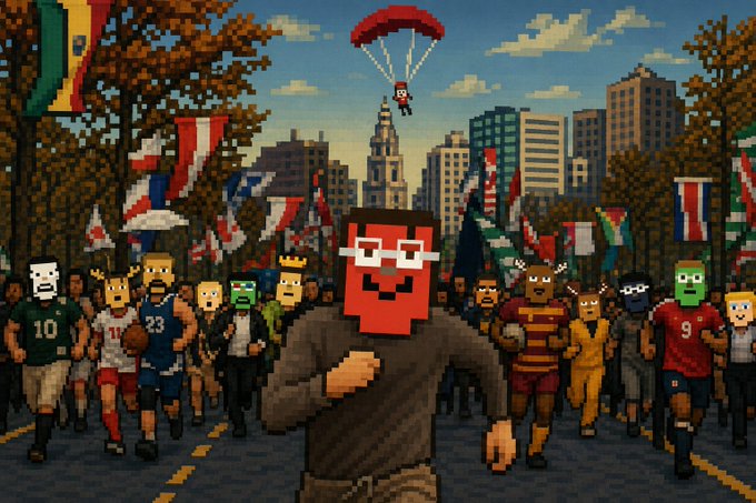 A pixel art illustration depicts a crowd of diverse, blocky characters marching through a city street adorned with international flags, led by a red-faced character with glasses, while a figure parachutes from the sky.