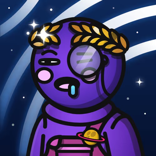 A cartoon purple astronaut character with a laurel wreath and monocle drooling while looking at a small Saturn illustration against a starry space background.