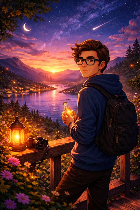 An anime-style illustration depicts a young man with glasses and a backpack holding a glowing lantern, overlooking a scenic lake and mountain landscape under a starry twilight sky.