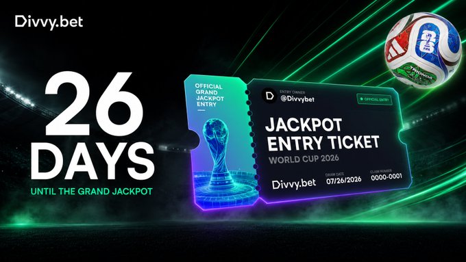 A promotional graphic for Divvy.bet advertises '26 DAYS UNTIL THE GRAND JACKPOT' with a 'JACKPOT ENTRY TICKET' for the World Cup 2026 and an official tournament soccer ball.