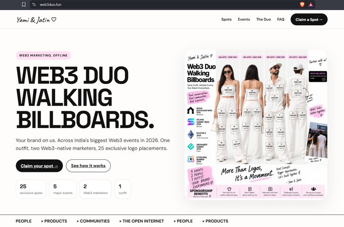 A website screenshot for 'Yami & Jatin' promotes 'WEB3 DUO WALKING BILLBOARDS' stating 'WEB3 MARKETING, OFFLINE' and offering '25 exclusive spots', '5 major events', '2 Web3 marketers', '1 outfit', with a Claim a Spot button.