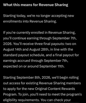 A text announcement titled 'What this means for Revenue Sharing' stating that new enrollments are no longer accepted, with final payouts occurring through September 7th, 2026.