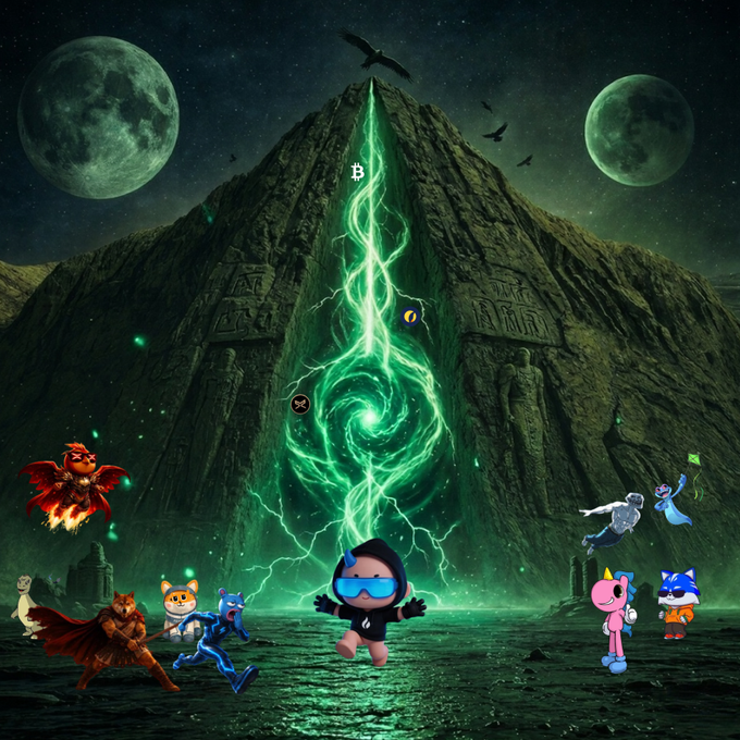 The image features a group of cartoon characters, including a girl with blue hair wearing a black hoodie, standing near a large green dragon-like creature that has a glowing green tail. The characters are positioned around a body of water, which is surrounded by mountains and other natural elements such as trees and rocks. In the background, there are two full moons visible against the night sky. The post also includes text that reads "$ARMY Ready to enter the portal $PHNIX".