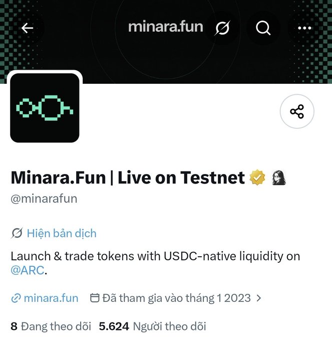 The image shows the Twitter/X profile page for **@minarafun**, titled "Minara.Fun | Live on Testnet," with 5,624 followers and a description stating "Launch & trade tokens with USDC-native liquidity on @ARC." This aligns with the accompanying post, which highlights Minara.Fun as a promising token launch and trading platform on the Arc network, praising its fast, responsive swap experience as part of Arc's emerging trading ecosystem.