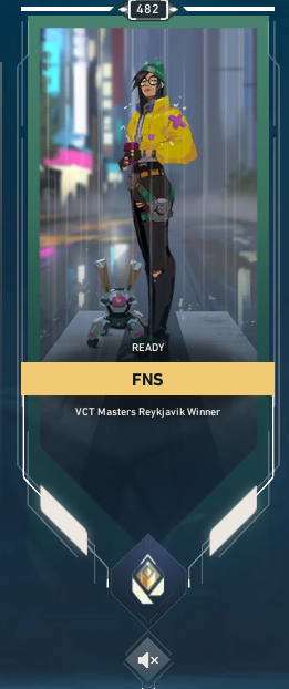 A player card for "FNS," a VALORANT Masters Reykjavik Winner, displays his character in a yellow jacket and beanie holding a phone, ranked 482. The "YETH!" post likely serves as an enthusiastic chant or hype for the player during a game lobby.