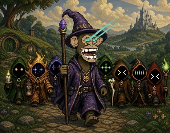 A pixel-art monkey wizard in a purple robe and starry wizard hat wields a staff with a glowing purple crystal, leading a procession of hooded, glowing-eyed mystical figures past hobbit-style hillside homes toward a distant castle.

The image ties into the post by visually representing the NFT acquisition — the wizard monkey serves as a playful mascot symbolizing Adam Weitsman's new "wizard" status, while the glowing figures and magical setting evoke the fantasy world of the MancerXYZ NFT collection he now dominates as its largest holder.
