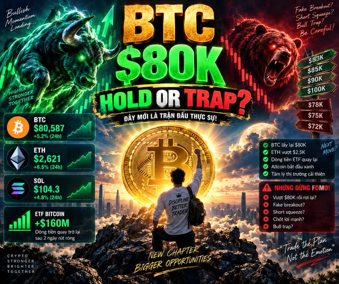 A promotional graphic for Bitcoin titled 'BTC $80K HOLD OR TRAP?' featuring a bull and bear, prices for BTC, ETH, SOL, and ETF BITCOIN statistics.