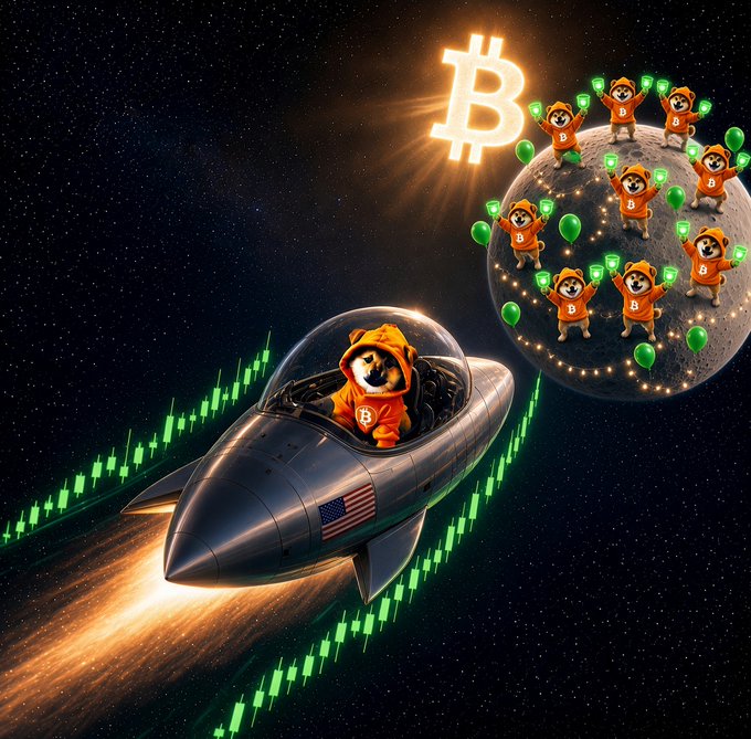 A digital art illustration shows Shiba Inu dogs in space-themed Bitcoin (B) outfits riding a rocket ship near the moon, with Bitcoin symbols and green candlestick charts.