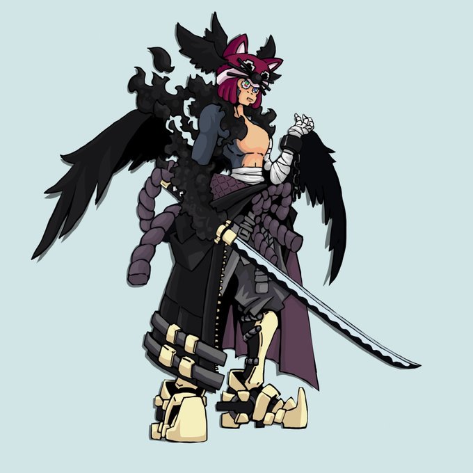 An anime-style character design of a female warrior with dark wings, pink hair, and a large sword, wearing a dark outfit with mechanical boots and a braided rope belt.