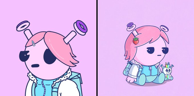 A cute pink-haired NFT character with magenta halo antennae and a chibi-like appearance, shown in two views with a worse/luckier comparison, wears a blue hoodie and a strawberry hair clip while holding a small unicorn plush. The image showcases the "Quirkies" NFT from the QuirkHub collection that sold for 1.06 ETH.