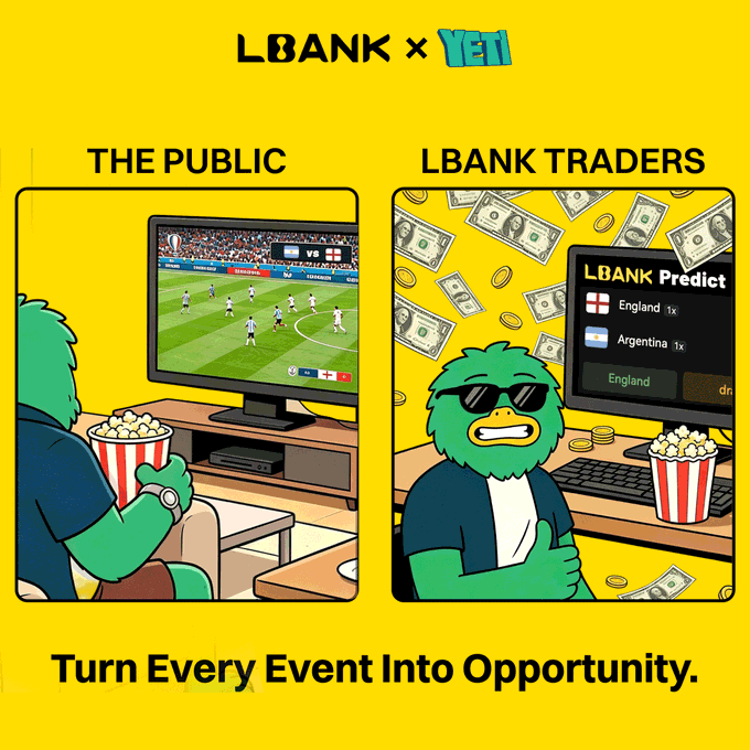 A split-panel illustration contrasts "THE PUBLIC," who casually watches a World Cup soccer match with popcorn, against "LBANK TRADERS," depicted as a cool, sunglasses-wearing character surrounded by money and using the "LBANK Predict" platform to wager on England and Argentina matchups. Branded with "LBANK × YETI" at the top and the tagline "Turn Every Event Into Opportunity." at the bottom, the image promotes LBank's World Cup prediction campaign and giveaway in partnership with @yeti_dyor.