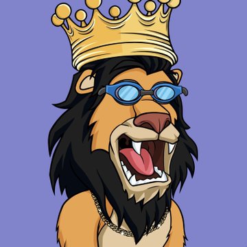 A cartoon NFT-style illustration of a roaring lion wearing a gold crown, blue sunglasses, and a chain necklace against a solid purple backdrop.