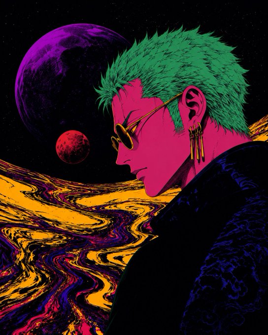 Vibrant anime-style digital art of a green-haired character with gold earrings and sunglasses, set against a psychedelic space background with planets and swirling yellow patterns.