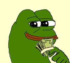 A sad-looking green Pepe the Frog meme holding a stack of dollar bills, commonly known as 'Sad Pepe with Money'.