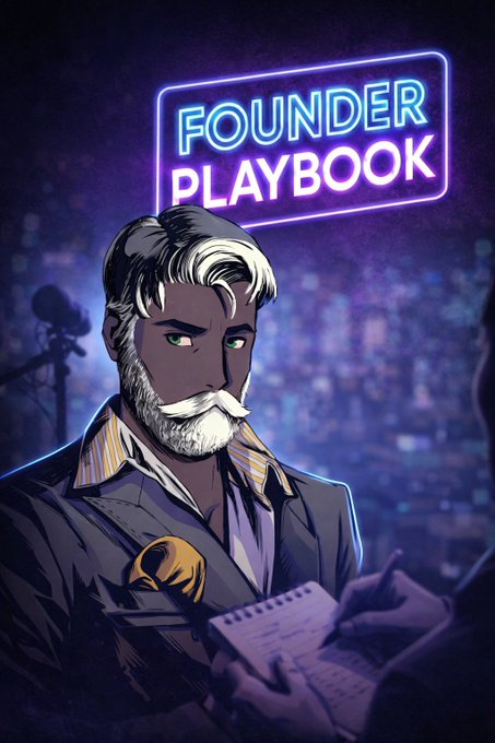 A stylized illustration titled 'FOUNDER PLAYBOOK' depicting a bearded man in a suit looking at a notepad, set against a purple neon-lit city background.