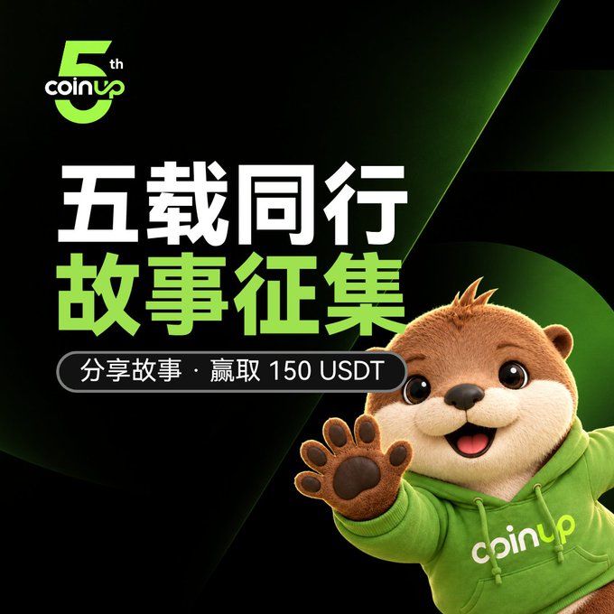 A promotional graphic celebrating '5th coinup' anniversary with Chinese text '五载同行 故事征集' (Five Years Together, Story Collection) and '分享故事 · 赢取 150 USDT' (Share stories · Win 150 USDT), featuring a cartoon otter mascot in a green hoodie.