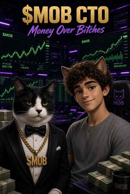 A digital artwork titled '$MOB CTO - Money Over Bitches' depicting a boy with cat ears alongside a tuxedo-wearing cat wearing a gold chain, set against trading charts displaying figures like 24H Volume $42.17M and Market Cap $59,420,420.