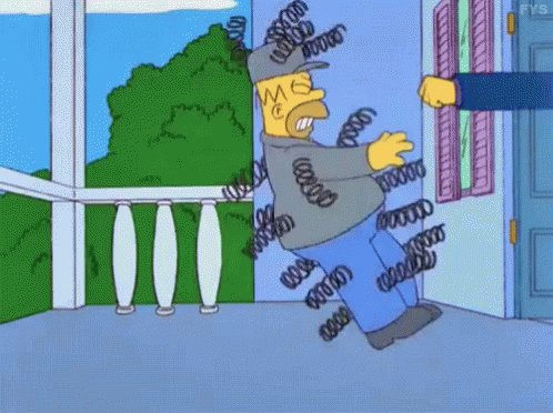The image features a cartoon character, Homer Simpson, who appears to be in distress or pain due to being surrounded by numerous coils of coiled springs attached to his body. The coiled springs are attached to him from various angles, causing discomfort and possibly even injury. This scene is reminiscent of the famous Simpsons TV show, where Homer's character often finds himself in peculiar situations that lead to humorous outcomes.