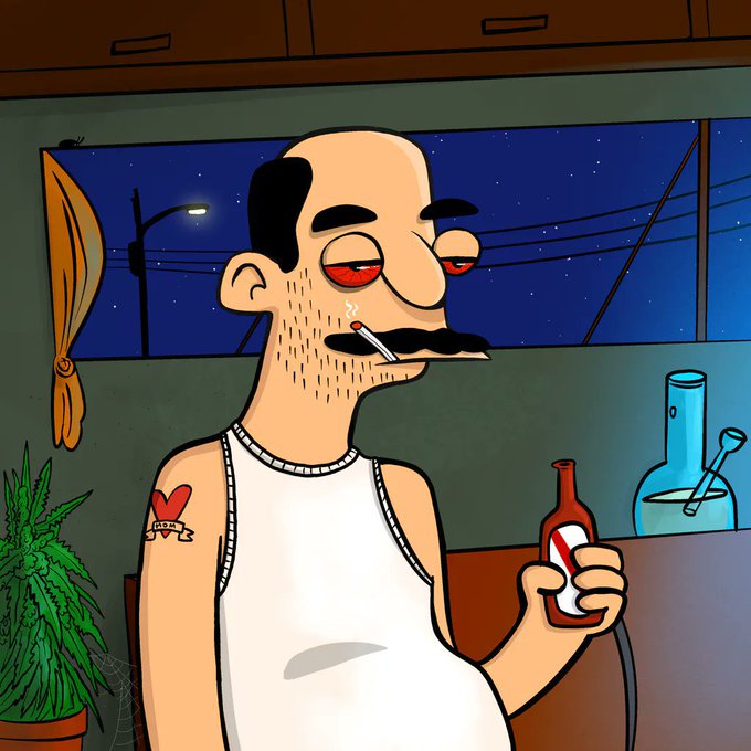 A cartoon illustration of a bald, mustachioed man in a white tank top smoking a cigarette and holding a bottle, with a cannabis plant and bong visible in the background.