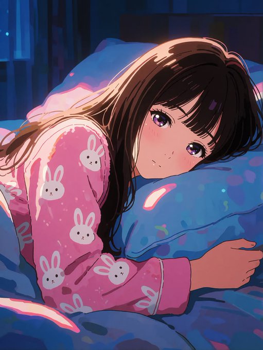 An anime-style illustration of a girl with long dark hair and purple eyes lying in bed, wearing pink pajamas covered in rabbit patterns while hugging a blue pillow.