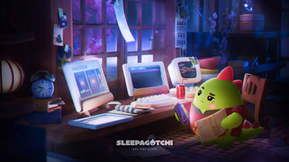 The image features a cute green dinosaur sitting at a desk surrounded by various objects such as a computer monitor, keyboard, mouse, books, and a clock. The dinosaur appears to be reading or working on something, possibly a book or a project. The background of the image is dark with purple elements, giving it an artistic and creative feel. The caption provided in the image seems to be related to the post about maximizing gains, which could be interpreted as the importance of consistency and focus when it comes to sleep habits for personal growth and success.