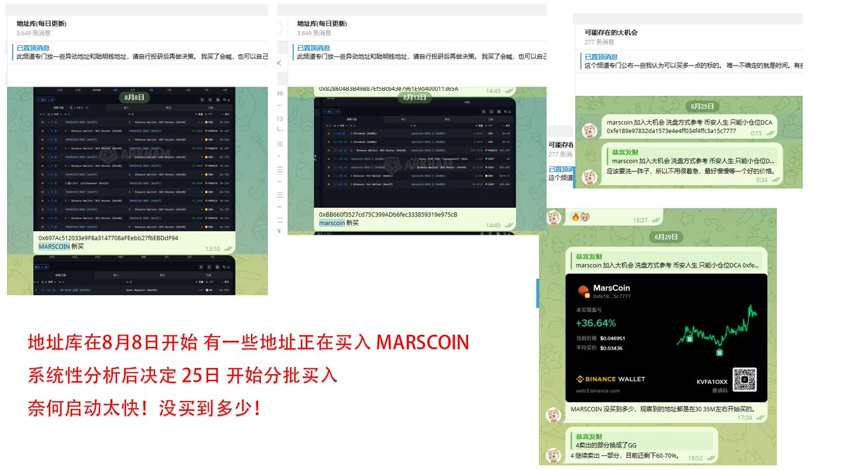 The image shows a Telegram channel dashboard tracking MARSCOIN (MarsCoin) purchases from August 8-20, 2024, with screenshots of crypto exchange order books and addresses accumulating the token at low prices, culminating in a +36.64% profit display showing the token's price chart reaching 0.046951. The accompanying text explains that sophisticated traders track "chip distribution" (address accumulation patterns) rather than chasing hype, demonstrating how systematic address monitoring from early buying at $0.03436 yielded massive gains before retail FOMO drove prices up 60-70%.