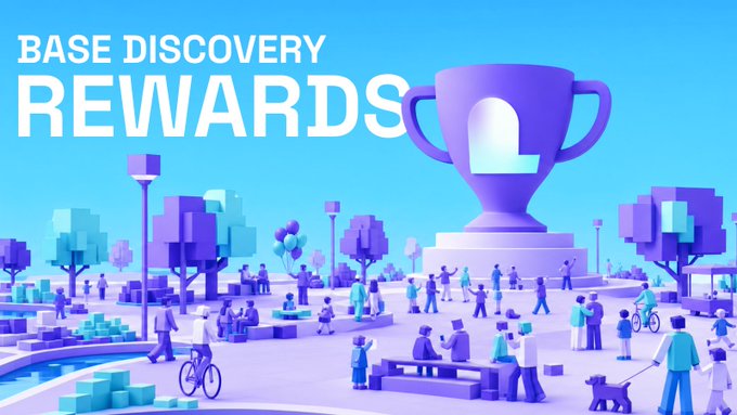 The image features an advertisement for Base Discovery rewards, with a large purple trophy displayed prominently in the center of the scene. Surrounding the trophy are numerous people engaged in various activities such as walking dogs or sitting on benches. The text "Base Discovery rewards" is written above and to the left of the trophy, while the phrase "You can check Base Discovery rewards now!" is positioned below it. The image also includes a small bicycle and a dog, adding more context to the scene.