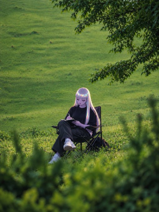 A person with pastel lavender hair sits peacefully in a folding chair on a lush green lawn, quietly writing in a notebook while surrounded by nature. The image evokes the contemplative, reflective tone of the post, complementing its message about finding value in quiet conversations and reflection during major Web3 events like Korea Blockchain Week 2026.