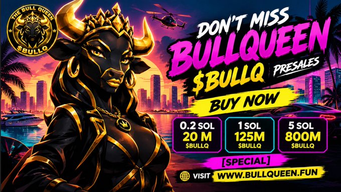 A promotional graphic featuring a fierce golden bull-horned queen against a neon Miami sunset backdrop, advertising the $BULLQ token presale with rates of 0.2 SOL for 20M $BULLQ, 1 SOL for 125M $BULLQ, and 5 SOL for 800M $BULLQ, directing viewers to bullqueen.fun.

The image visually reinforces the post's call to action by displaying the exact presale tier rates ($BULLQ token amounts per SOL invested) and the official website URL bullqueen.fun alongside a striking mascot and "BUY NOW" command, matching the text's presale announcement.