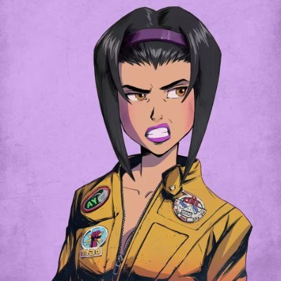 An animated portrait of a determined-looking woman with black hair and a purple headband, wearing a yellow flight jacket adorned with mission patches and a UFO emblem. The image captures the adventurous, optimistic spirit of the post about crypto's resurgence and the future revival of NFTs as new investment "missions."