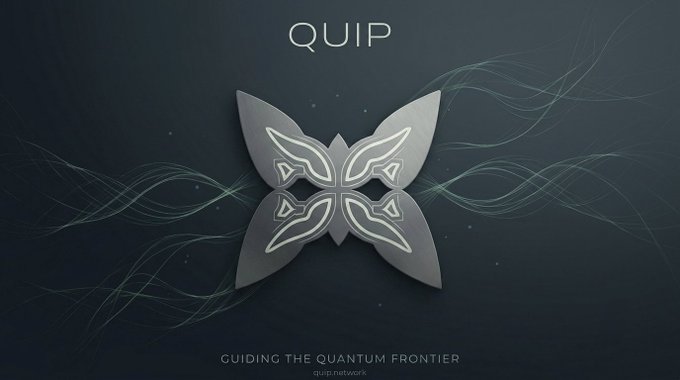 A promotional graphic for 'QUIP' displaying a metallic butterfly-like logo with the tagline 'GUIDING THE QUANTUM FRONTIER' and the website 'quip.network'.