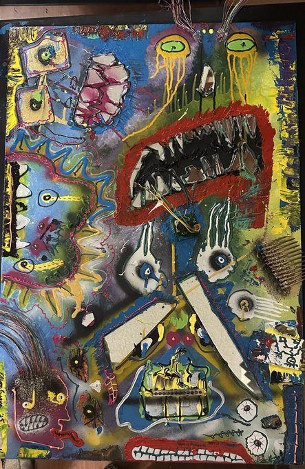 A colorful, abstract mixed-media painting featuring distorted faces, eyes, a large mouth with teeth, and various chaotic shapes in blue, yellow, red, and black.