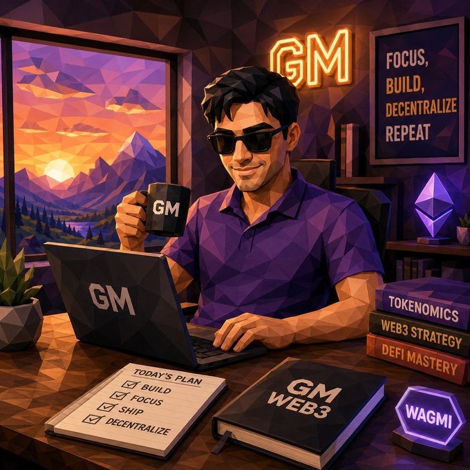 A low-poly digital illustration depicts a man wearing sunglasses, holding a 'GM' mug while working on a 'GM' laptop, surrounded by books labeled 'TOKENOMICS,' 'WEB3 STRATEGY,' and 'DEFI MASTERY,' with a neon 'GM' sign and a 'FOCUS, BUILD, DECENTRALIZE REPEAT' poster in the background.
