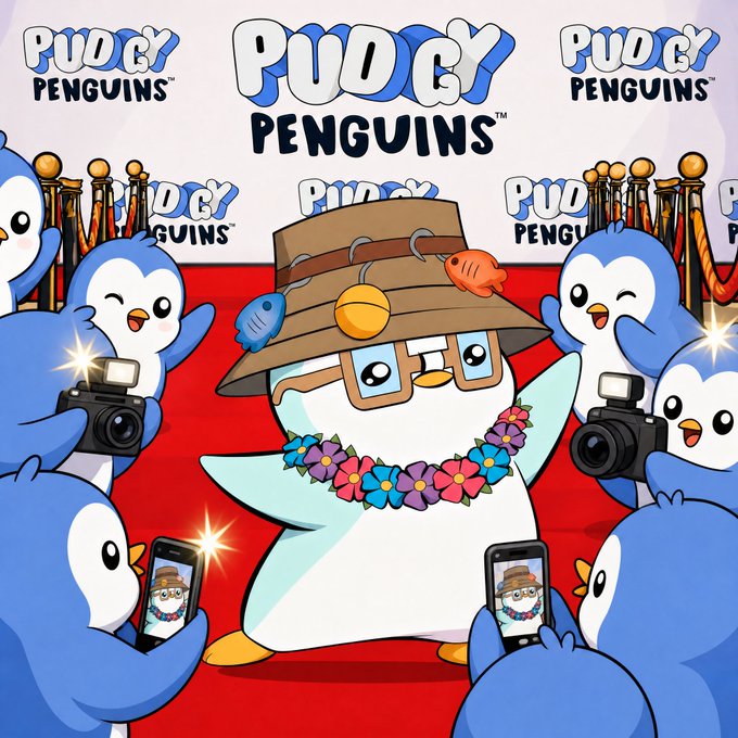 A cartoon penguin wearing a bucket hat, glasses, and a flower lei poses on a red carpet while being photographed by paparazzi penguins holding cameras and phones, surrounded by repeated "PUDGY PENGUINS" logos in the background. The image directly ties to the post "Every Lil Pudgy is a superstar!" by depicting a PFP-style penguin enjoying red-carpet treatment like a celebrity.