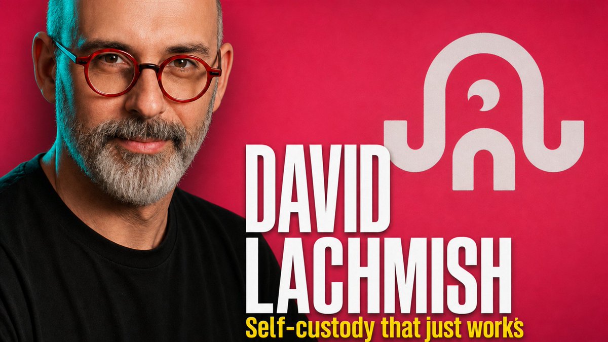 A promotional graphic featuring a man with glasses and a beard on the left, with the text 'DAVID LACHMISH' and 'Self-custody that just works' alongside a white logo on a red background.