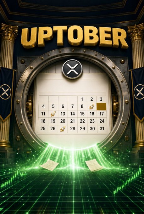 A bold promotional image displays "UPTOBER" above an XRP-branded calendar marking October 3rd highlighted in gold, with rocket emojis on the 9th, 14th, 23rd, and 27th, visually symbolizing the optimistic price predictions for XRP in the accompanying bullish post.