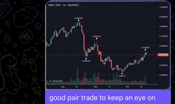 A candlestick chart of the XMR/ZEC trading pair on Binance shows Monero rising to 0.8592 in August, falling to a low of 0.3382 in October, and recovering to 0.5463, with the caption "good pair trade to keep an eye on." The image supports the post's mention of a long XMR / short ZEC pair trade strategy for the current market environment.