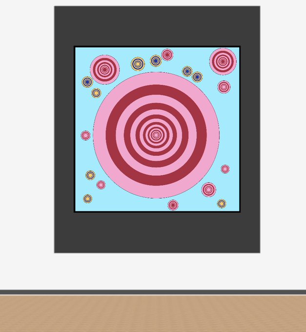 A framed abstract artwork hanging on a dark wall, featuring a large central pink and dark red concentric circle surrounded by smaller similar circles on a light blue background.