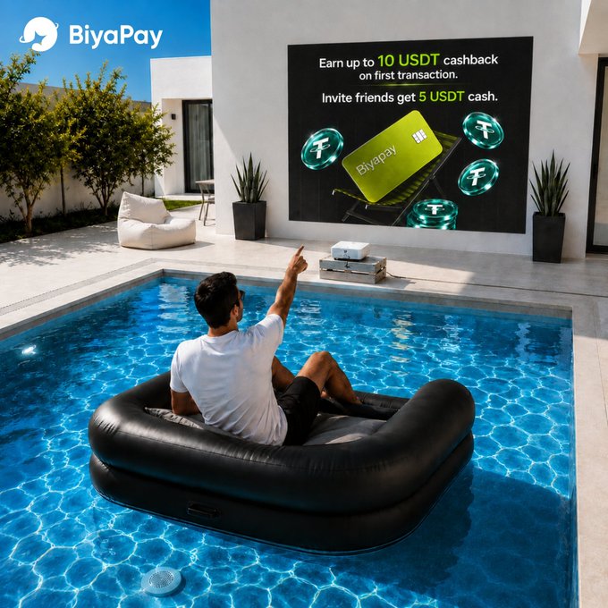 A man relaxes on an inflatable lounger in a pool, pointing up at a billboard advertising BiyaPay's offer to "Earn up to 10 USDT cashback on first transaction" and "Invite friends get 5 USDT cash." The image, tagged @BIYAPAYOFFICIAL, reinforces the post's message about the risks of leaving funds on exchanges by promoting a safer crypto off-ramping alternative.
