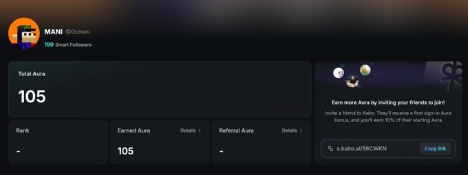 A dashboard screenshot showing a Kaito profile for 'MANI' (@oxmani) with 199 Smart Followers, displaying a Total Aura of 105 and Earned Aura of 105, with a referral link to invite friends.