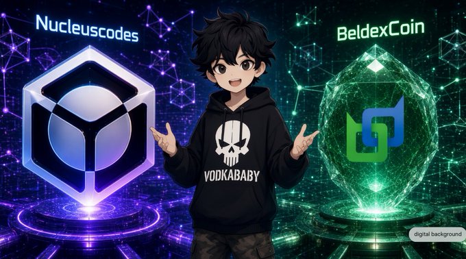 A digital artwork featuring an anime-style character in a "VODKABABY" skull hoodie standing between two glowing crypto logos labeled "Ncleuscodes" and "BeldexCoin".