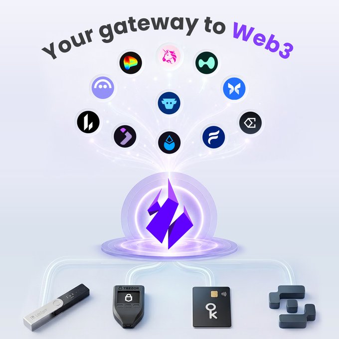 A promotional graphic titled 'Your gateway to Web3' featuring various cryptocurrency and hardware wallet logos surrounding a central purple Ethereum emblem.