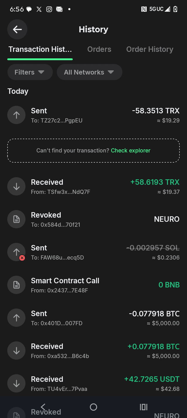 Screenshot of a cryptocurrency wallet transaction history showing multiple transactions today including sending 58.3513 TRX, receiving 58.6193 TRX, revoked NEURO approval, sending SOL, smart contract call with 0 BNB, and BTC/USDT transfers.