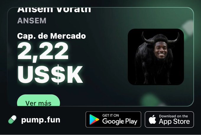 The image is a promotional graphic from Pump.fun featuring the "ANSEM" token with a market capitalization of "2,22 US$K," alongside a visual of a horned animal and the tagline "Ansem Vorath." It links to "join.pump.fun/HSag/2sazc4k8," encouraging users to view more about this cryptocurrency token via the downloadable app.