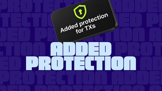 A dark card with a green shield icon reads "Added protection for TXs," with the bold headline "ADDED PROTECTION" set against a purple background patterned with the words "PROTECTION ADDED." The image reinforces MetaMask's message about its new security feature that prevents "red pill" attacks by ensuring transactions match their previews before execution, protecting users from hidden wallet-draining activity.