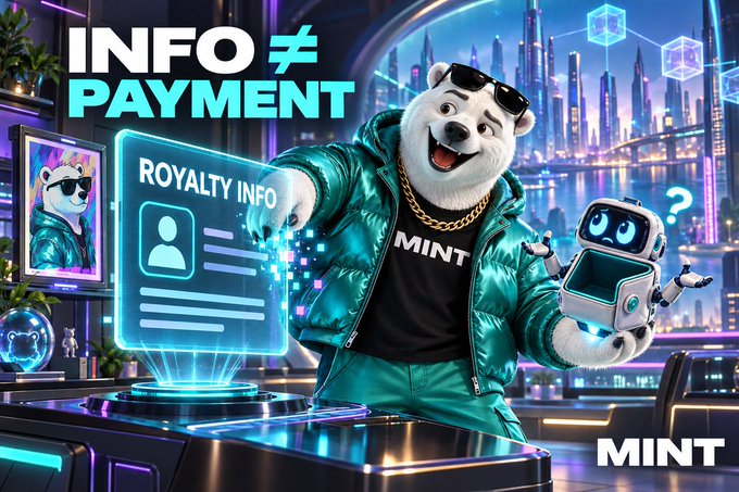 A 3D-rendered white bear character wearing a shiny teal jacket and sunglasses stands in a futuristic city setting, pointing at a "ROYALTY INFO" hologram, with "INFO ≠ PAYMENT" and "MINT" text displayed.